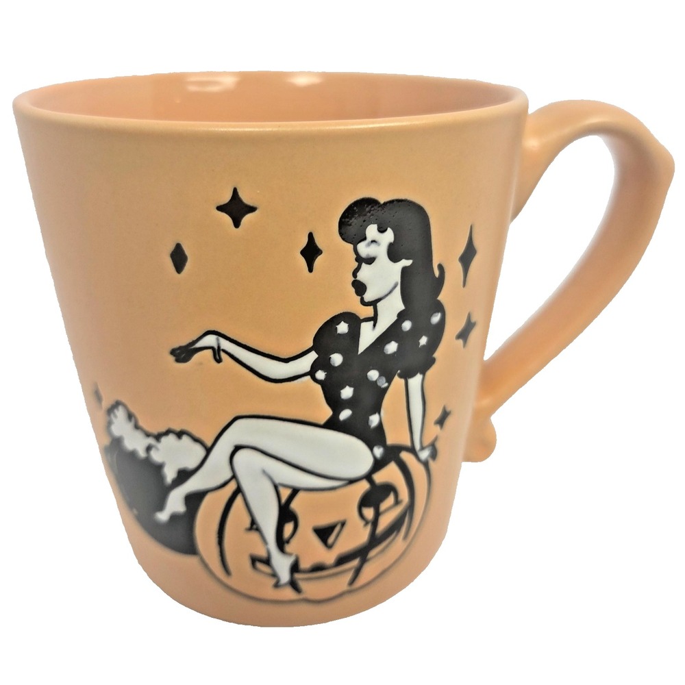 Spectrum Designz Retro Pinup Pumpkin Mug Peach Ceramic 15oz NEW Halloween Gothic